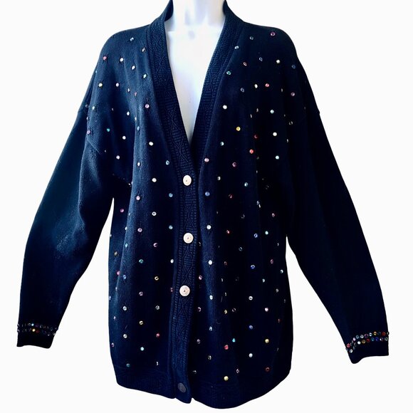DONYA Z NEW YORK Vintage 80's Black Cardigan Sweater BLING - Picture 3 of 14